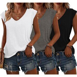 3 Pack Womens Cap Sleeve Tops V Neck T Shirts Spring Summer Casual Plus